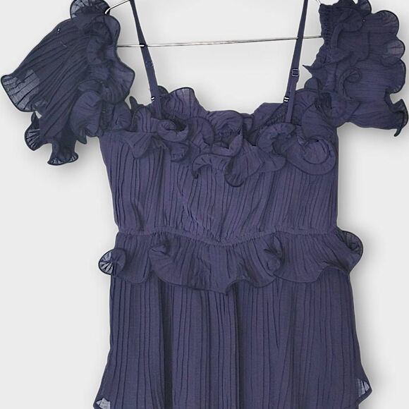 Just Me Womens Maxi Sz M Navy Off-Shoulder Ruffle Tiered Dress Gown Wedding Prom - Picture 4 of 16